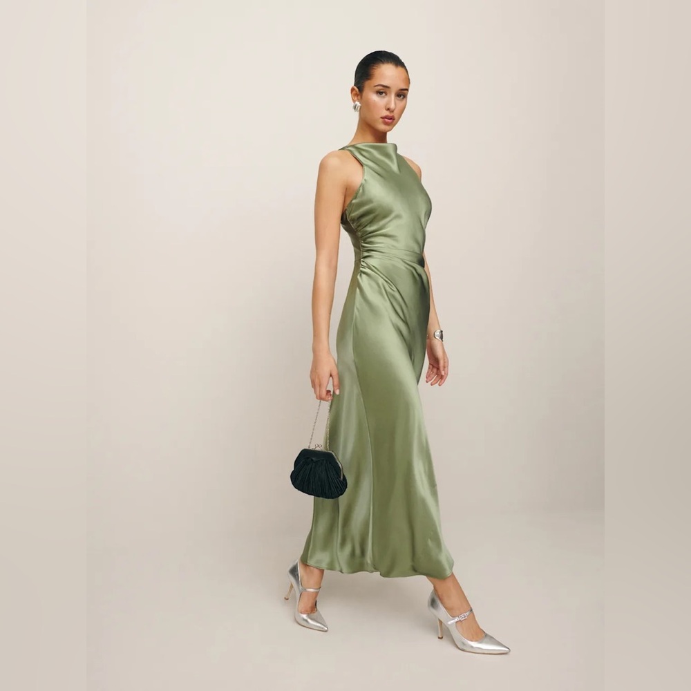 NEW Reformation Casette Silk Maxi Dress Artichoke Green Size 4 - Picture 2 of 11